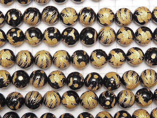 Golden! Phoenix (Four Divine Beasts) Carving! Onyx Round 10mm-16mm half or 1strand