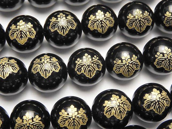 Golden Carving! Hideyoshi Toyotomi  Emblem(KAMON) Onyx AAA Round 10 mm, 12 mm 1/4 or 1strand