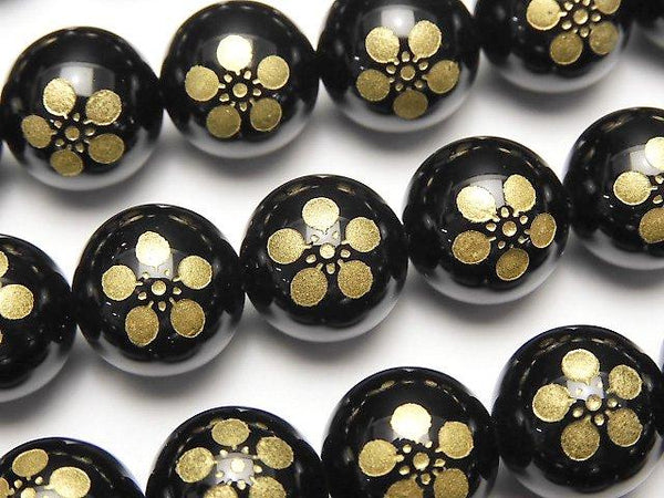 Golden Carving! Toshiie Maeda Emblem(KAMON) Onyx AAA Round 10 mm, 12 mm 1/4 or 1strand