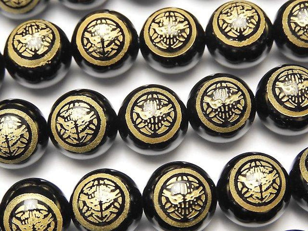 Golden Carving! Kenshin Uesugi Emblem(KAMON)  Onyx AAA Round 10 mm, 12 mm 1/4 or 1strand