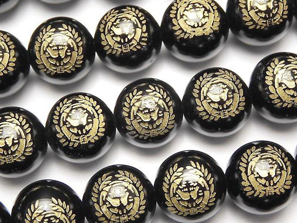 Golden Carving! Masamune Date Emblem(KAMON) Onyx AAA Round 10 mm, 12 mm 1/4 or 1strand