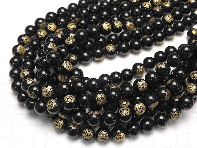 Golden Carving! Masamune Date Emblem(KAMON) Onyx AAA Round 10 mm, 12 mm 1/4 or 1strand