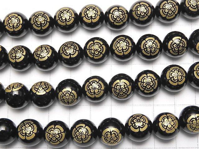 Golden Carving! Nobunaga Oda Emblem(KAMON)  Onyx AAA Round 10 mm, 12 mm 1/4 or 1strand