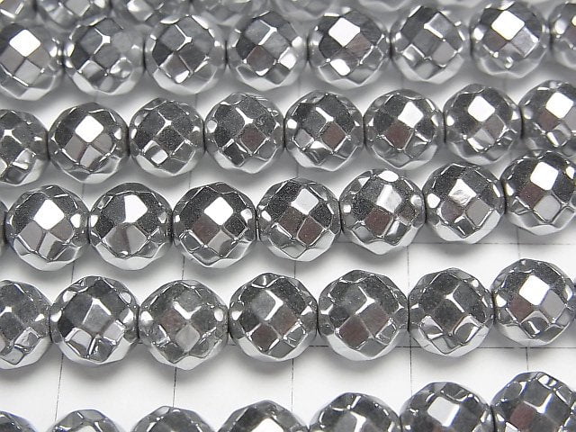 Hematite 64Faceted Round 8mm Silver Coated 1strand beads (aprx.15inch/37cm)