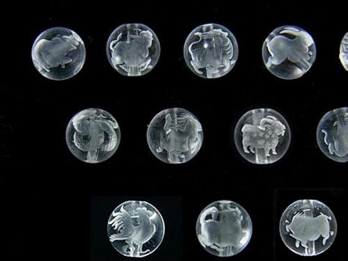 Twelve Zodiac Signs Carving! Crystal AAA Round 8-14mm [Horse, Sheep, Monkey, Rooster, Dog, Boar] 3pcs!
