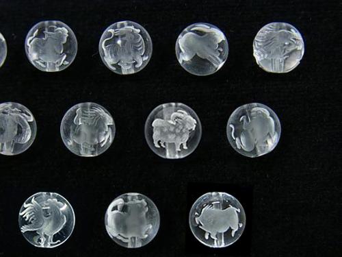 Twelve Zodiac Signs Carving! Crystal AAA Round 8-14mm [Horse, Sheep, Monkey, Rooster, Dog, Boar] 3pcs!