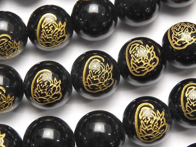 Golden! Seven Lucky Gods, Carved of Ebisu! Onyx AAA Round 10mm, 12mm, 14mm half or 1strand beads (aprx.15inch / 36cm)