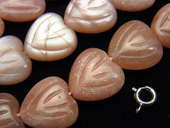 Orange Moon Stone AA Vertical Hole Heart Carving 14 x 14 x 6 mm half or 1 strand (aprx.15 inch / 38 cm)