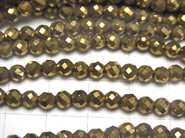 High Quality! Magnetic! Hematite 32Faceted Round 4mm gold coated 1strand beads (aprx.14inch/35cm)