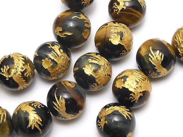 [Video] Golden! Dragon (Four Divine Beasts)'s Carved! Mixed Tiger's Eye Round 10mm,12mm,14mm,16mm Half chain/Bracelet