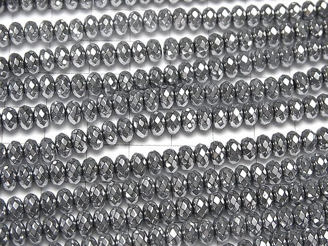 [Video] Hematite Faceted Button Roundel 6x6x4mm Silver coating 1strand beads (aprx.15inch/38cm)